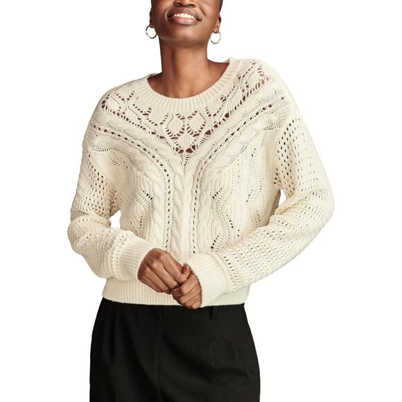 Sweaters - Women's Romantic Crew Neck Sweater Tofu Large Acrylic Long Sleeve Ribbed